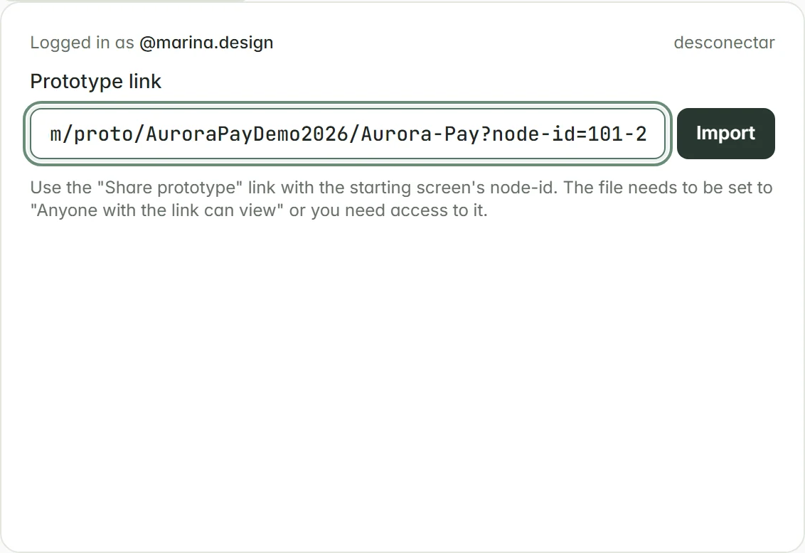 Prototype link pasted into the import field