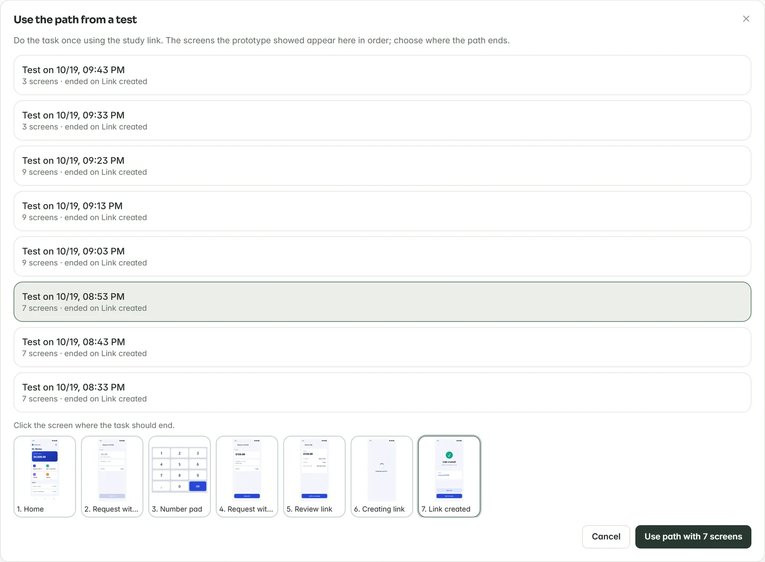 Path from a test with seven screens