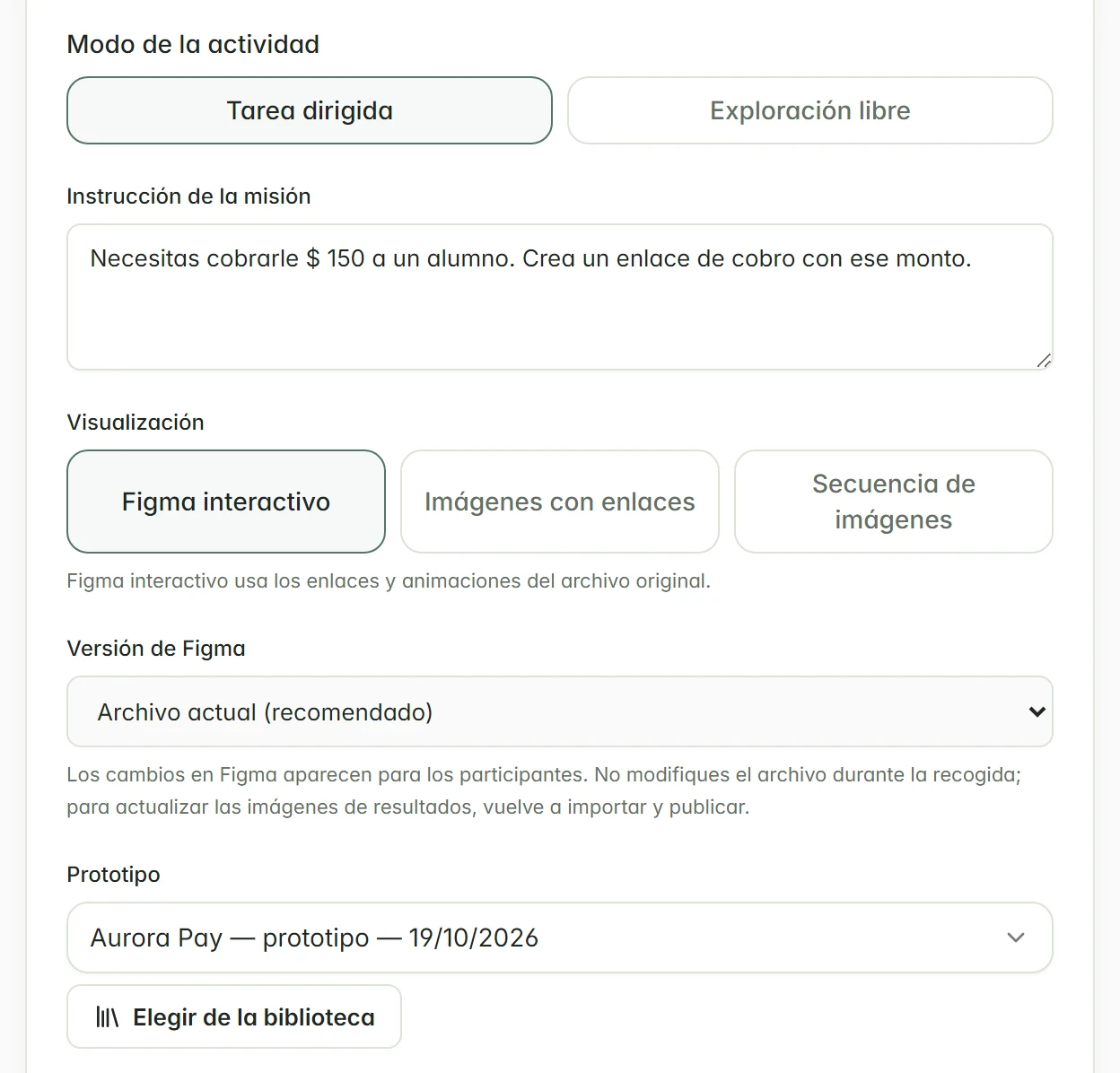 Instrucción de la misión, Visualización y Versión de Figma