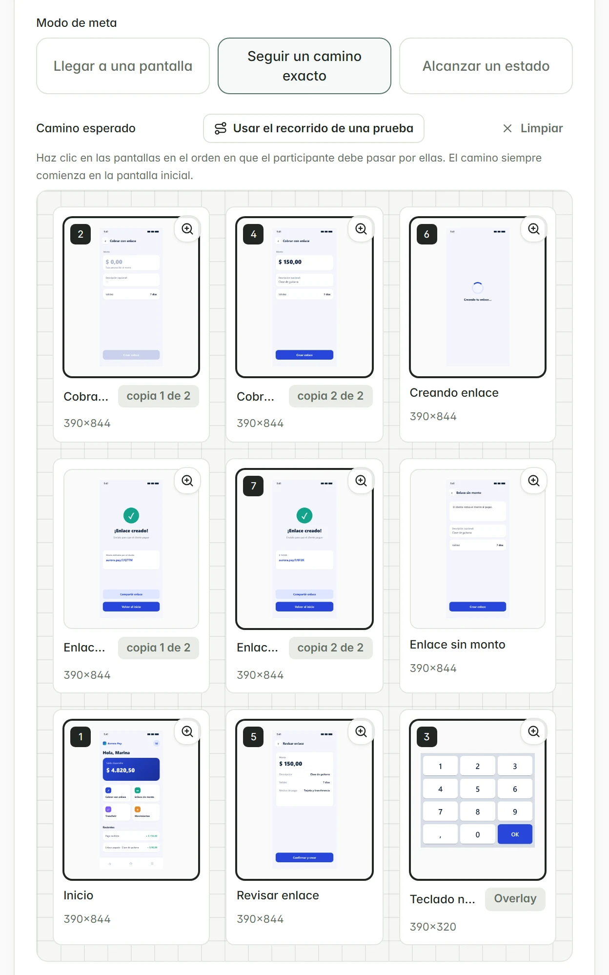 Modo de meta y camino esperado numerado