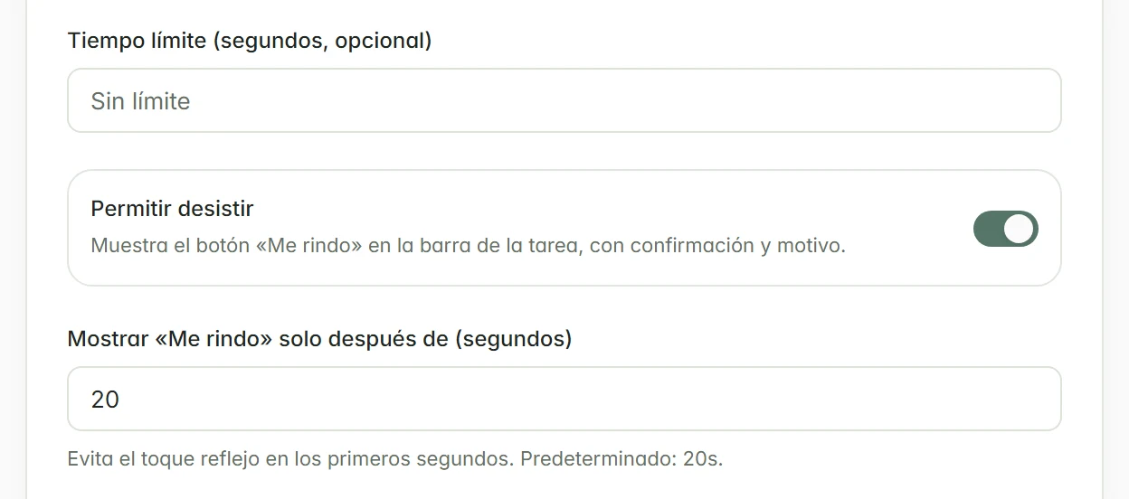 Tiempo límite y Permitir desistir