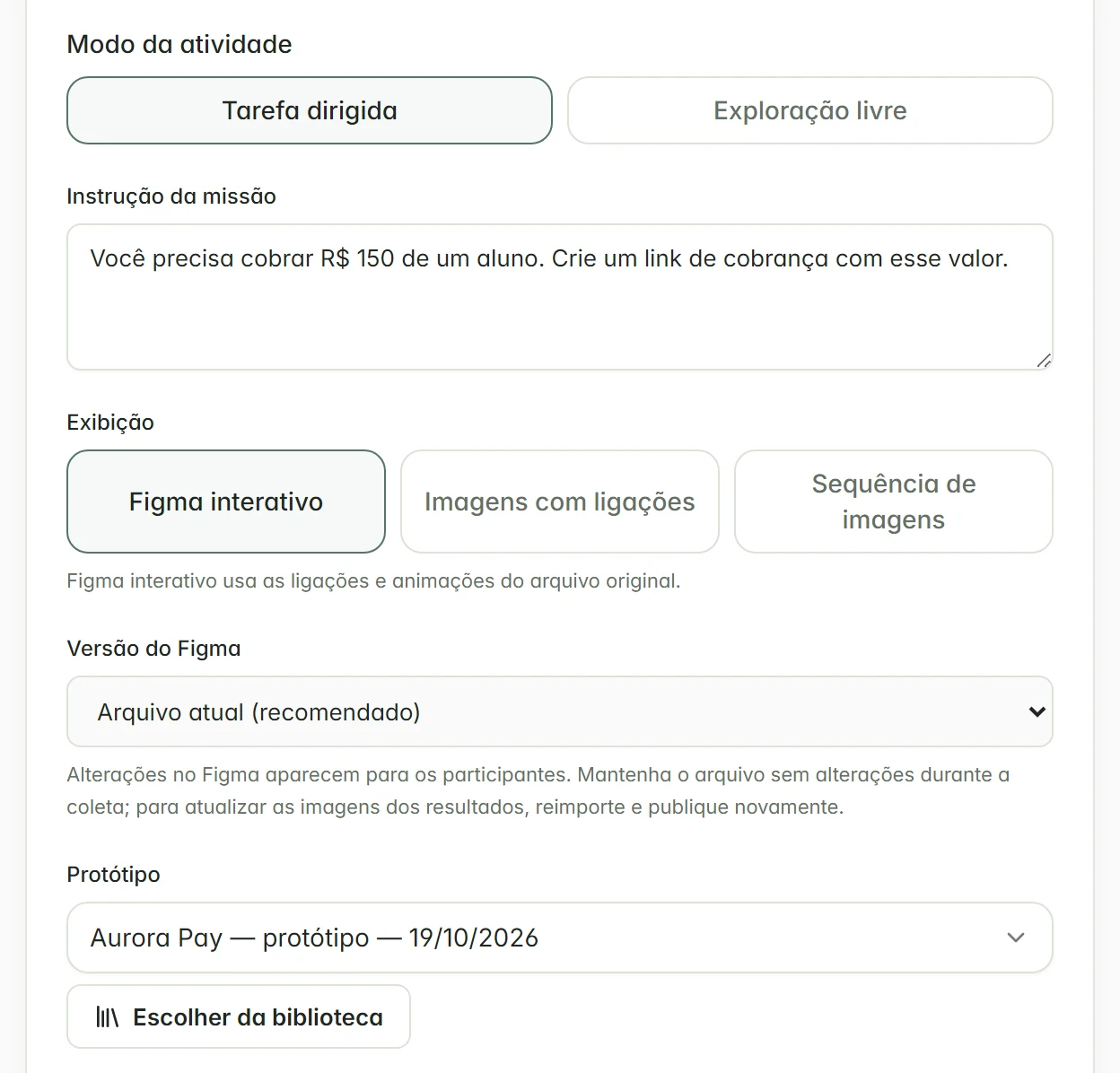 Instrução da missão, Exibição e Versão do Figma