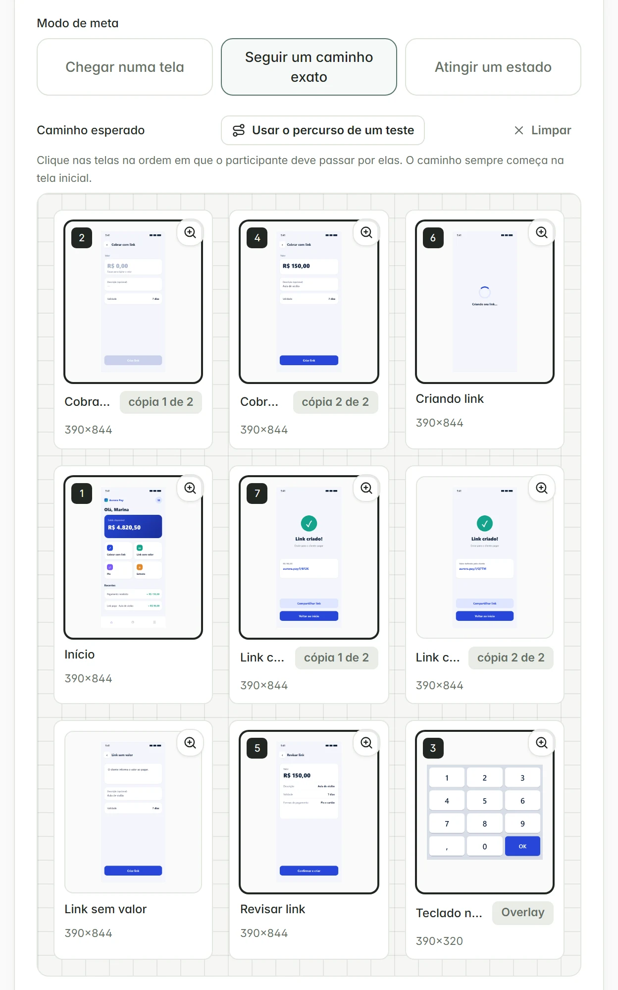 Modo de meta e caminho esperado numerado